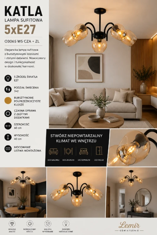 Stylowa lampa sufitowa KATLA 5xE27 marki Lemir zapewnia efektowne oświetlenie oraz wyjątkowy wygląd wnętrza. Bursztynowe szkło, złote akcenty i dekoracyjne ramiona sprawiają, że lampa staje się ozdobą każdego pomieszczenia.
