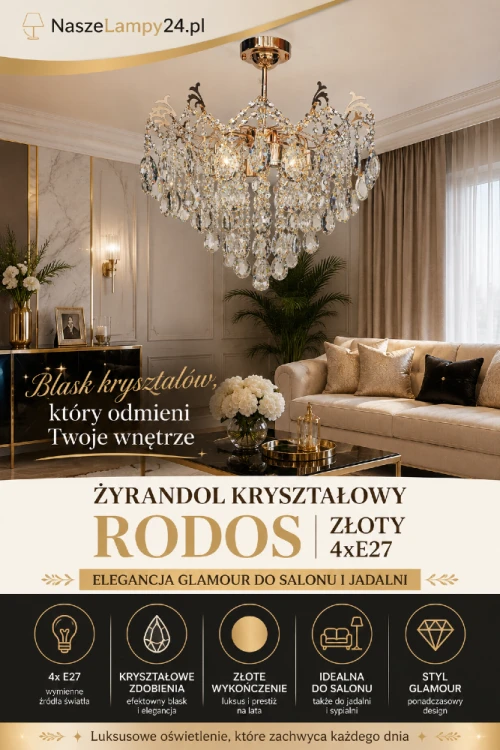 Żyrandol kryształowy RODOS P-1285/4 GD zachwyca eleganckim złotym wykończeniem i bogatymi kryształowymi zdobieniami. Cztery oprawki E27 zapewniają funkcjonalne oświetlenie salonu, jadalni lub sypialni, podkreślając luksusowy charakter wnętrza.