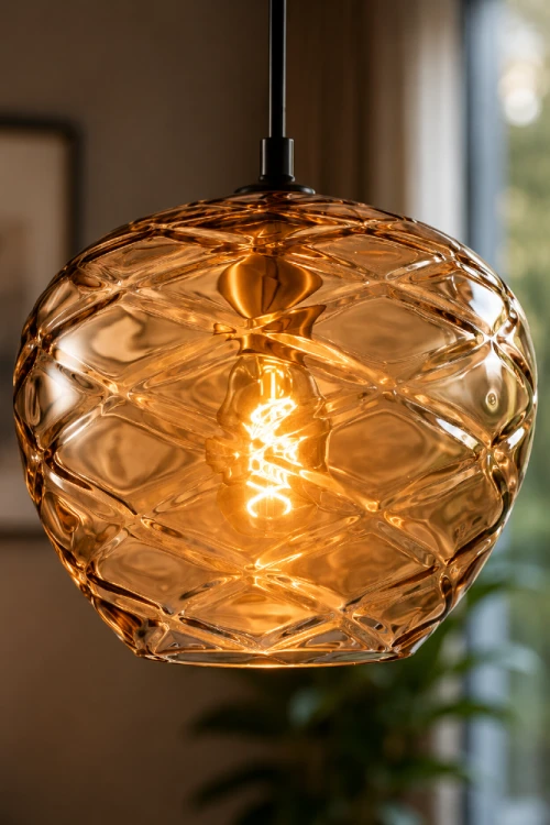 Dekoracyjna lampa wisząca z bursztynowego szkła przyciąga wzrok nowoczesnym designem i efektownym wzorem klosza. Świetnie prezentuje się w salonie, sypialni, jadalni oraz gabinecie, tworząc przyjemną atmosferę.
