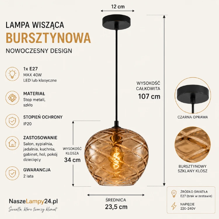 Bursztynowa lampa wisząca 1xE27 łączy eleganckie szkło z czarną oprawą. Dzięki kompaktowym wymiarom sprawdzi się zarówno jako pojedynczy punkt świetlny, jak i w większych kompozycjach nad blatem lub stołem.