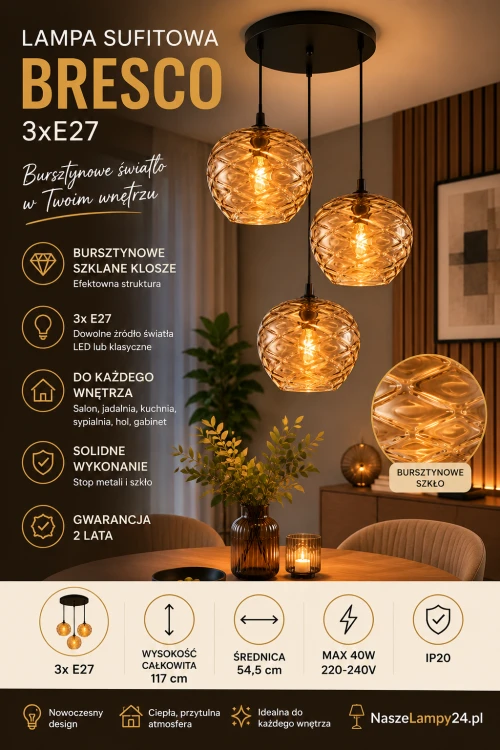 Bursztynowe klosze i czarna konstrukcja sprawiają, że lampa BRESCO doskonale wpisuje się w trendy nowoczesnych aranżacji. Model 3xE27 sprawdzi się jako główne oświetlenie salonu lub jadalni.