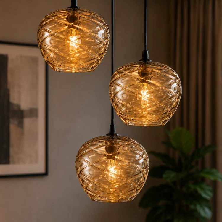 Nowoczesna lampa sufitowa BRESCO 3xE27 z bursztynowymi kloszami doskonale podkreśla charakter wnętrza. Czarna oprawa i efektowne szkło tworzą wyjątkową kompozycję do salonu, jadalni lub kuchni.