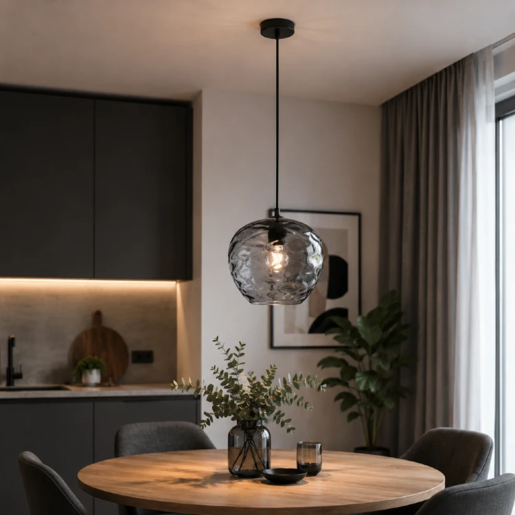 Lampa BRESCO 1xE27 z dymionym kloszem doskonale wpisuje się w aranżacje loftowe, industrialne i modern classic. Efektowne szkło subtelnie eksponuje źródło światła, tworząc przyjemny klimat w salonie lub jadalni.