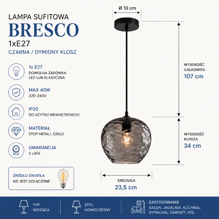 Dymiony klosz i minimalistyczna czarna oprawa sprawiają, że lampa BRESCO przyciąga uwagę nowoczesnym wyglądem. Model 1xE27 doskonale nadaje się do salonu, kuchni, gabinetu oraz sypialni.