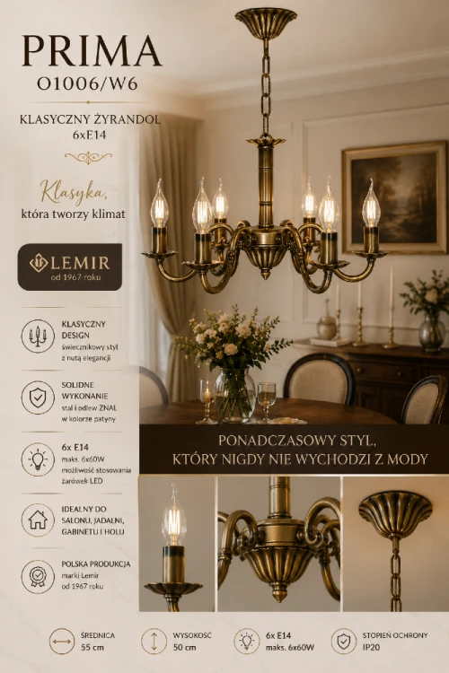Lemir PRIMA O1006/W6 zachwyca elegancką formą inspirowaną tradycyjnymi świecznikami. Sześć punktów świetlnych zapewnia skuteczne oświetlenie, a patynowe wykończenie podkreśla wyjątkowy charakter wnętrza.
