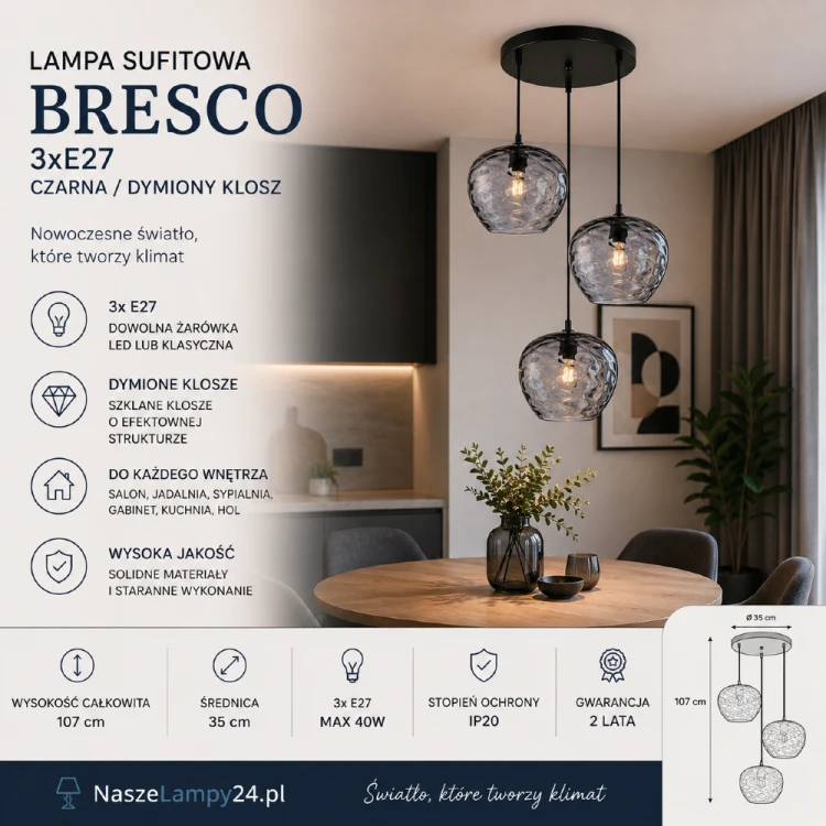 Nowoczesna lampa BRESCO 3xE27 z dymionymi kloszami doskonale sprawdzi się nad stołem, wyspą kuchenną lub w salonie. Trzy źródła światła zapewniają funkcjonalne oświetlenie i wyjątkowy efekt dekoracyjny.