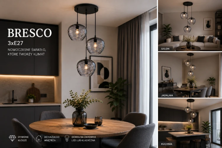 Lampa wisząca Italux BRESCO łączy eleganckie dymione szkło z modną czarną oprawą. Dzięki trzem oprawkom E27 możesz dopasować źródła światła do własnych potrzeb i stworzyć przytulny klimat.