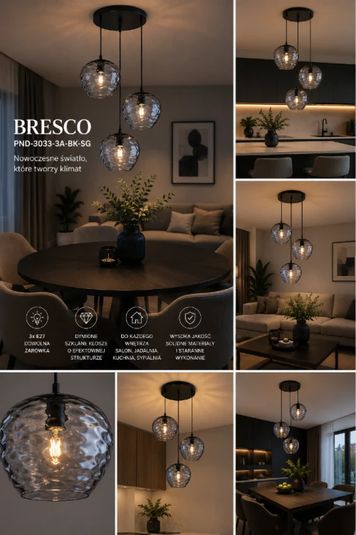 Czarna lampa wisząca z trzema dymionymi kloszami to stylowe oświetlenie do salonu, jadalni i kuchni. Model BRESCO marki Italux wyróżnia się wysoką jakością wykonania i ponadczasowym wyglądem.
