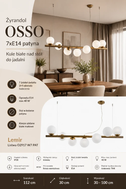 Żyrandol OSSO 7xE14 z białymi kulami to idealne oświetlenie do jadalni i salonu. Patynowe wykończenie, stalowa konstrukcja oraz szerokość 112 cm sprawiają, że lampa efektownie prezentuje się nad dużym stołem