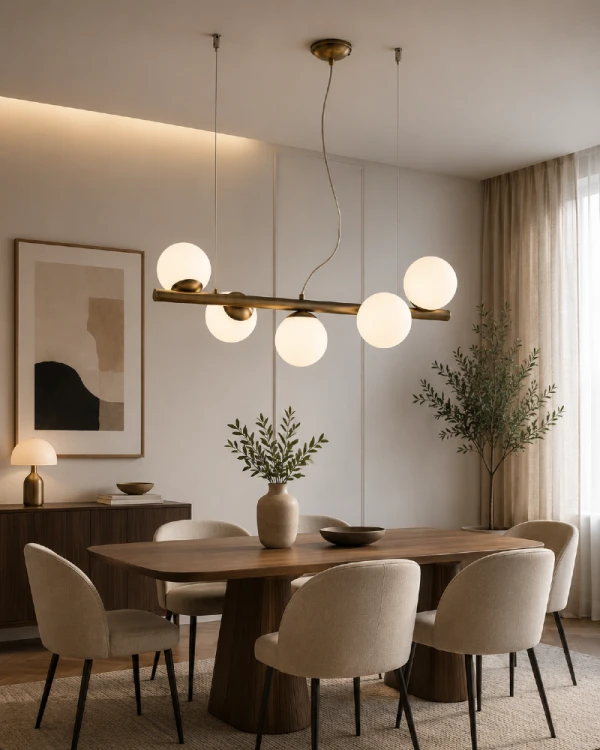 Nowoczesna lampa wisząca OSSO marki Lemir doskonale podkreśli charakter salonu, jadalni lub kuchni. Pięć źródeł światła E14, matowe klosze oraz wykończenie w kolorze patyny tworzą efektowną i ponadczasową kompozycję