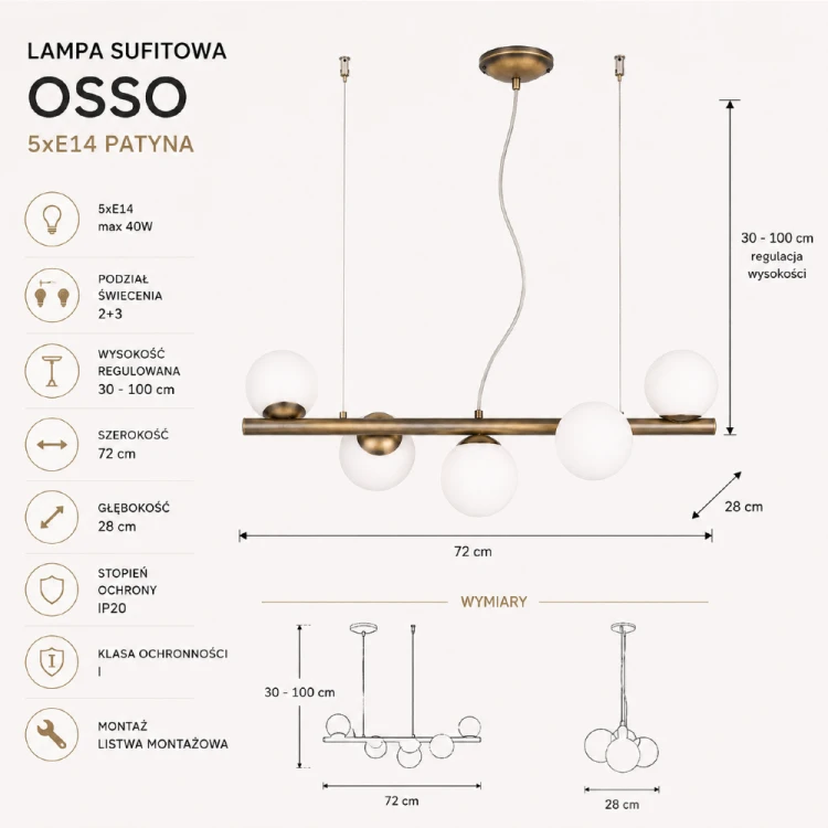 Lampa sufitowa Lemir OSSO łączy minimalistyczny design z funkcjonalnością. Pięć kulistych kloszy, kolor patyny oraz regulowana wysokość sprawiają, że doskonale prezentuje się w nowoczesnych i klasycznych wnętrzach