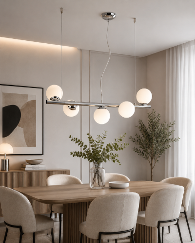 OSSO 5xE14 CH to nowoczesna lampa wisząca z chromowaną oprawą i pięcioma kulistymi kloszami z białego szkła. Szerokość 72 cm oraz funkcjonalny podział świecenia 2+3 czynią ją doskonałym wyborem nad stół lub wyspę kuchenną.