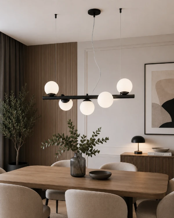 OSSO 5xE14 CZA zachwyca minimalistycznym designem i modnym połączeniem czarnej stalowej oprawy z białymi matowymi kulami. Szerokość 72 cm oraz funkcja świecenia 2+3 sprawiają, że idealnie sprawdzi się nad stołem lub wyspą kuchenną.