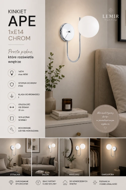 Lampa ścienna APE marki Lemir łączy minimalistyczny design z funkcjonalnością. Chromowana oprawa, biały kulisty klosz oraz kompaktowe wymiary sprawiają, że jest idealnym wyborem do nowoczesnych i glamour aranżacji.