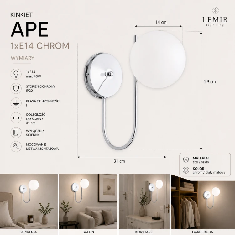 Kinkiet APE 1xE14 chrom to stylowe oświetlenie ścienne do salonu, sypialni i garderoby. Eleganckie połączenie chromu i białego szkła podkreśla charakter wnętrza, zapewniając przyjemne, rozproszone światło.
