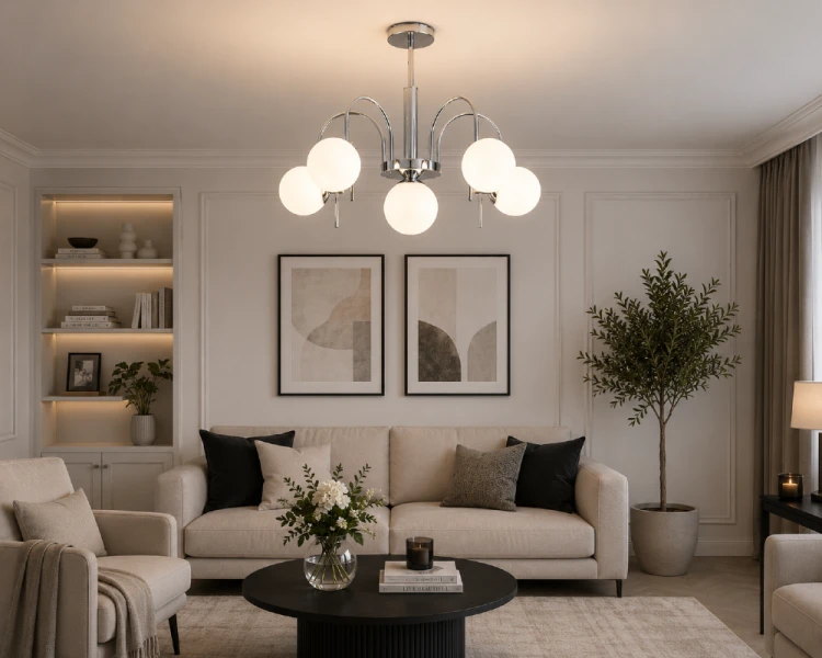 Stylowa lampa sufitowa APE marki Lemir zachwyca elegancką formą i ponadczasowym wzornictwem. Chromowana oprawa, sześć kulistych kloszy oraz funkcjonalny podział świecenia 5+1 tworzą idealne oświetlenie do salonu i jadalni.