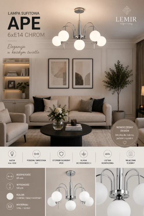 Nowoczesny żyrandol APE 6xE14 chrom doskonale podkreśla charakter wnętrz glamour, modern classic i minimalistycznych. Białe kule równomiernie rozpraszają światło, tworząc przyjemną atmosferę w każdym pomieszczeniu.