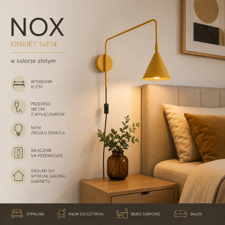 Kinkiet NOX 1xE14 w kolorze złotym to eleganckie oświetlenie ścienne do sypialni, salonu i biura. Metalowa konstrukcja, długi przewód oraz nowoczesny design sprawiają, że lampa doskonale wpisuje się w aktualne trendy wnętrzarskie.