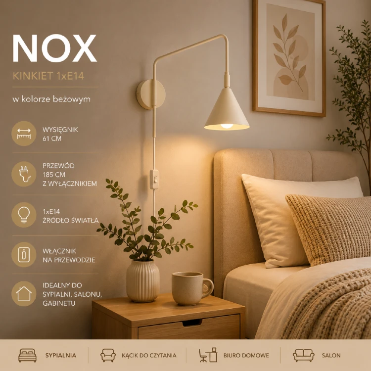 Beżowy kinkiet NOX SL.1699 zachwyca minimalistycznym designem i funkcjonalnością. Dzięki przewodowi z wyłącznikiem oraz oprawce E14 doskonale sprawdzi się przy łóżku, fotelu, biurku lub w salonie
