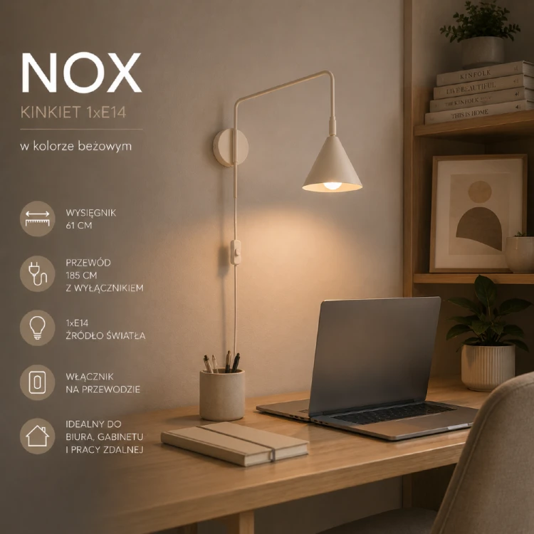 Lampa ścienna NOX 1xE14 w modnym beżowym kolorze świetnie wpisuje się w aranżacje japandi, skandynawskie i nowoczesne. Wysięgnik 61 cm zapewnia komfortowe oświetlenie wybranej przestrzeni.