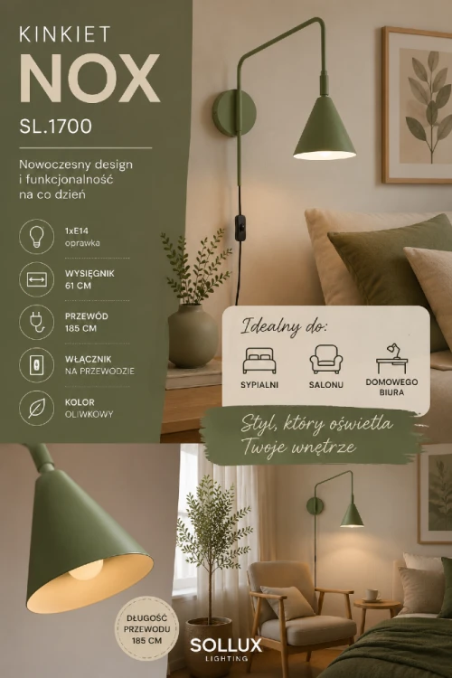 Lampa ścienna NOX 1xE14 w modnym oliwkowym kolorze idealnie wpisuje się w styl japandi, boho i skandynawski. Wysięgnik 61 cm pozwala skierować światło dokładnie tam, gdzie jest potrzebne.
