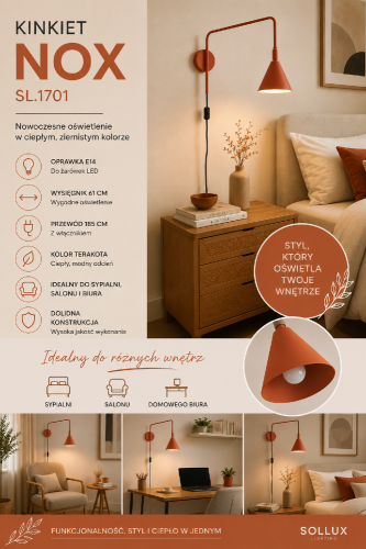 Terakotowy kinkiet NOX SL.1701 zachwyca modnym kolorem inspirowanym naturą. Minimalistyczna forma, przewód z wyłącznikiem oraz oprawka E14 sprawiają, że doskonale sprawdzi się w sypialni, salonie i biurze.