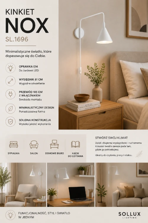 Lampa ścienna NOX 1xE14 w klasycznym białym kolorze pasuje do wnętrz skandynawskich, japandi i nowoczesnych. Wysięgnik 61 cm zapewnia komfortowe oświetlenie dokładnie tam, gdzie jest potrzebne.