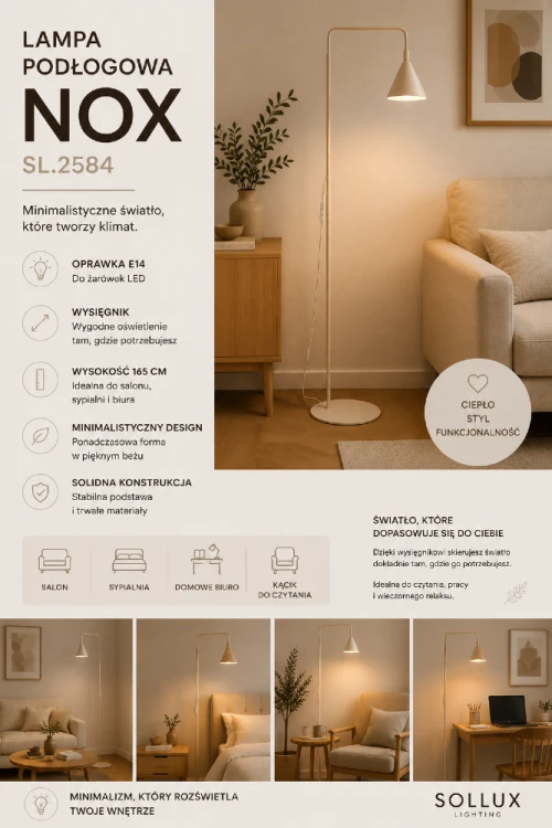 Lampa stojąca NOX 1xE14 w kolorze beżowym to idealny wybór do wnętrz japandi, skandynawskich i minimalistycznych. Smukła konstrukcja oraz wysięgnik pozwalają skierować światło dokładnie tam, gdzie jest potrzebne.