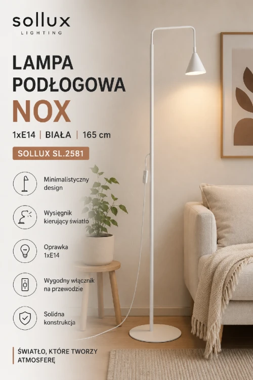 Biała lampa podłogowa NOX SL.2581 to połączenie nowoczesnego wzornictwa i funkcjonalności. Regulowany wysięgnik umożliwia wygodne doświetlenie strefy wypoczynku, a wysokość 165 cm zapewnia komfort codziennego użytkowania.