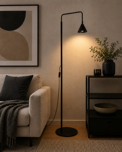 Nowoczesna lampa stojąca NOX SL.2582 w kolorze czarnym zachwyca prostą formą i funkcjonalnością. Dzięki wysokości 165 cm oraz wysięgnikowi zapewnia komfortowe oświetlenie strefy wypoczynku, pracy lub czytania