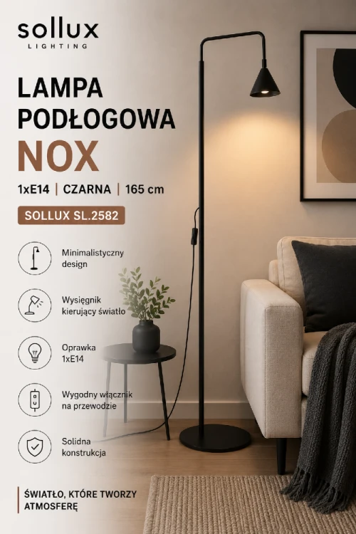 Czarna lampa podłogowa NOX 1xE14 to stylowe rozwiązanie do nowoczesnych wnętrz. Regulowany wysięgnik, wysokość 165 cm oraz wygodny włącznik na przewodzie zapewniają komfort codziennego użytkowania.