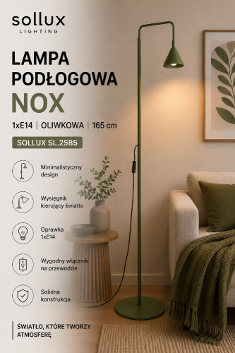 NOX SL.2585 to nowoczesna lampa podłogowa w oliwkowym kolorze. Wyposażona w oprawkę E14, wysięgnik oraz wygodny wyłącznik na przewodzie, idealnie sprawdzi się w salonie, sypialni i gabinecie