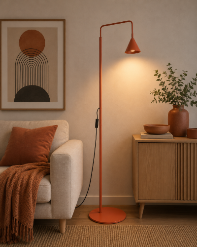 Nowoczesna lampa stojąca NOX SL.2586 w kolorze ochry czerwonej przyciąga uwagę oryginalnym wyglądem. Wysięgnik, wysokość 165 cm oraz oprawka E14 czynią ją idealnym wyborem do strefy relaksu i czytania.