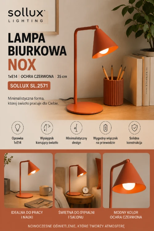 Lampa biurkowa NOX ochra czerwona 35 cm to idealne rozwiązanie do domowego biura i pokoju ucznia. Kompaktowe wymiary, oprawka E14 oraz charakterystyczny wysięgnik zapewniają komfortowe użytkowanie każdego dnia.