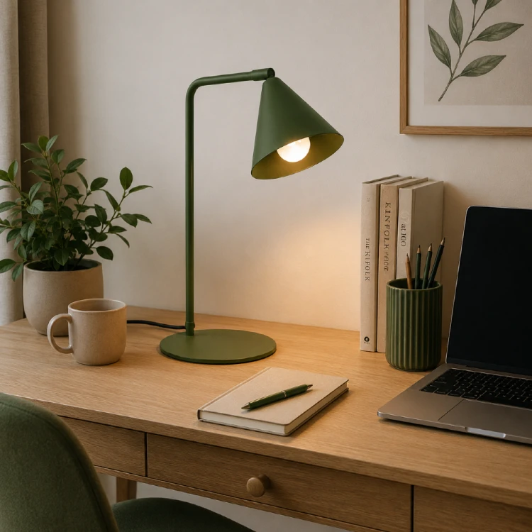 Nowoczesna lampa biurkowa NOX SL.2570 w modnym oliwkowym kolorze doskonale uzupełni aranżacje skandynawskie, japandi i boho. Wysokość 35 cm oraz oprawka E14 zapewniają wygodę użytkowania każdego dnia.