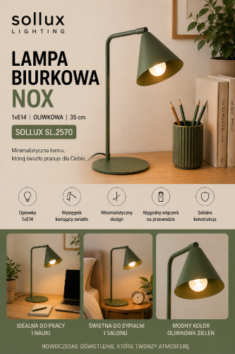 Lampa biurkowa NOX oliwkowa 35 cm to eleganckie i praktyczne oświetlenie do domu oraz biura. Kompaktowe wymiary, oprawka E14 i charakterystyczny wysięgnik zapewniają komfort podczas codziennej pracy.