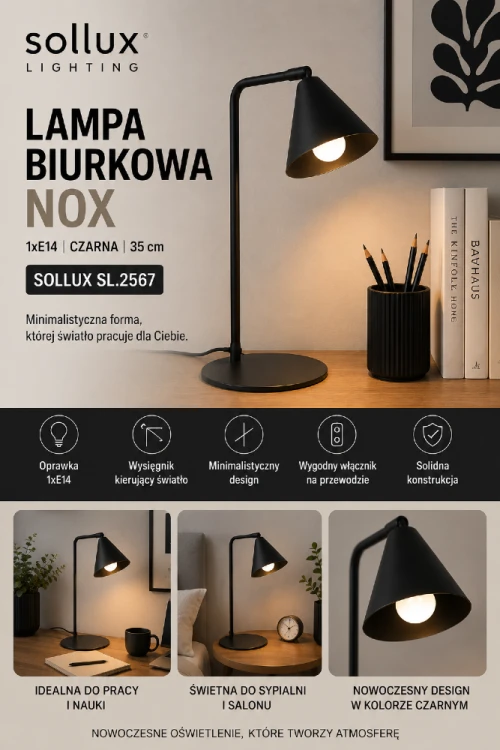 Lampa biurkowa NOX czarna 35 cm to stylowe i praktyczne oświetlenie do domu oraz biura. Kompaktowe wymiary, oprawka E14 i nowoczesna forma sprawiają, że doskonale sprawdzi się podczas pracy i nauki.