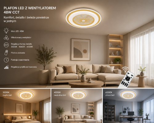 ZEPHYR ML1517 to funkcjonalny plafon LED z wentylatorem, który zapewnia komfortowe oświetlenie i przyjemny nawiew. Zmiana barwy światła 3000K-6500K oraz sterowanie pilotem zwiększają wygodę codziennego użytkowania.
