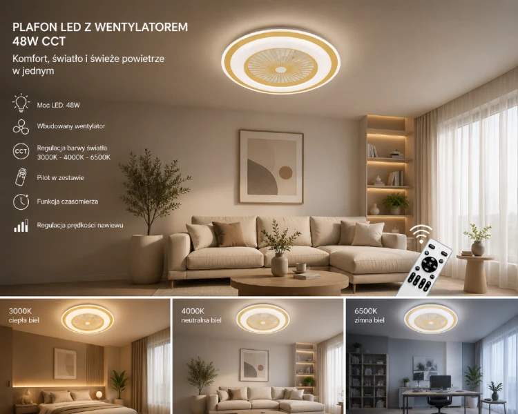 ZEPHYR ML1517 to funkcjonalny plafon LED z wentylatorem, który zapewnia komfortowe oświetlenie i przyjemny nawiew. Zmiana barwy światła 3000K-6500K oraz sterowanie pilotem zwiększają wygodę codziennego użytkowania.