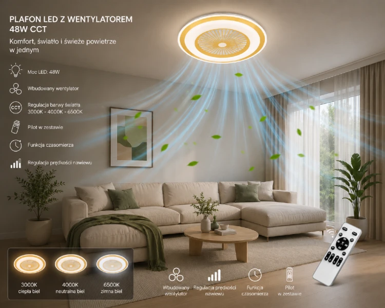 Nowoczesny plafon ZEPHYR LED 48W z wentylatorem w kolorze złotym doskonale sprawdzi się w salonie, sypialni lub gabinecie. Energooszczędne oświetlenie LED i regulacja prędkości nawiewu gwarantują wysoki komfort użytkowania.
