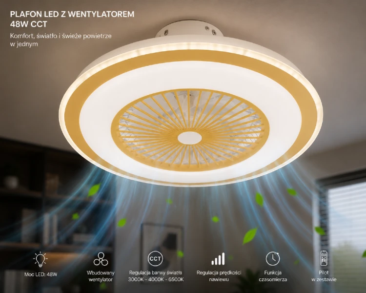 Milagro ZEPHYR ML1517 to plafon LED z pilotem i wbudowanym wentylatorem. Regulowana temperatura barwowa światła pozwala dopasować oświetlenie do pory dnia, a nowoczesny design podkreśla charakter wnętrza.