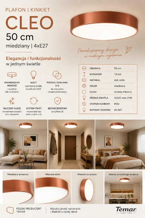 Lampa sufitowa CLEO 50 cm została wyposażona w cztery oprawki E27 oraz podział świecenia 2+2. Dzięki temu możesz wygodnie sterować natężeniem oświetlenia i dopasować je do aktualnych potrzeb domowników.