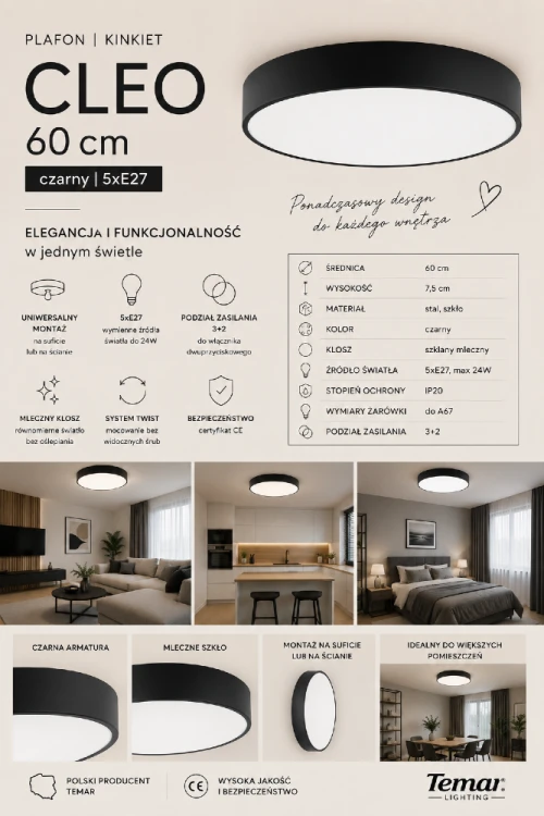 Lampa sufitowa CLEO została wyposażona w pięć oprawek E27 oraz praktyczny podział świecenia 3+2. Dzięki temu możesz dostosować ilość światła do swoich potrzeb i wygodnie sterować oświetleniem za pomocą włącznika dwuprzyciskowego.