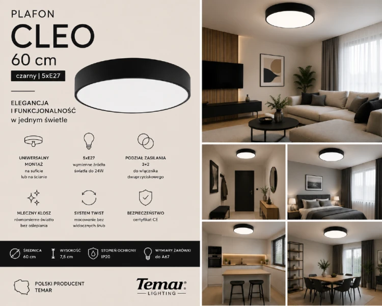 Plafon Temar CLEO 60 cm wyróżnia się elegancką czarną armaturą oraz nowoczesnym systemem mocowania TWIST. Brak widocznych śrub podkreśla minimalistyczny wygląd lampy i wysoką jakość wykonania.