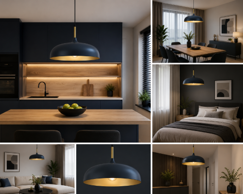 Lampa wisząca LINCOLN niebieska złota 1xE27 Milagro MLP7901 to eleganckie połączenie granatowego klosza i złotego wnętrza. Doskonale sprawdzi się nad stołem, wyspą kuchenną lub blatem. Stylowy design podkreśli charakter nowoczesnych wnętrz