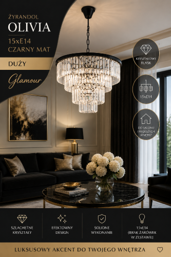 Żyrandol kryształowy OLIVIA 15xE14 w kolorze czarny mat to elegancka lampa glamour do salonu, jadalni, hotelu lub sali bankietowej. Kryształowe zawieszki pięknie rozpraszają światło, tworząc luksusowy klimat i efektowną dekorację wnętrza