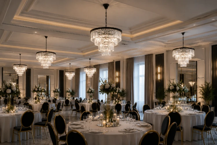 Efektowny żyrandol OLIVIA 15xE14 zachwyca wielopoziomową konstrukcją z kryształów i eleganckim czarnym wykończeniem. Idealny do salonu, restauracji, hotelowego lobby czy reprezentacyjnej jadalni w stylu glamour.