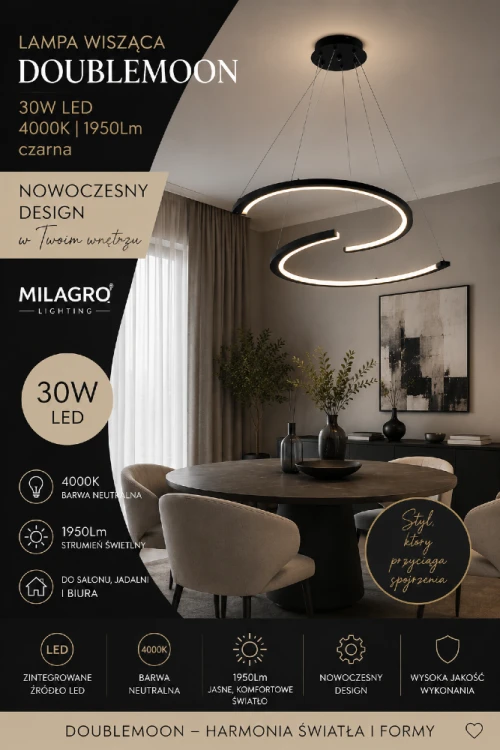 DOUBLEMOON 30W LED Milagro ML1178 zachwyca minimalistyczną formą i eleganckim wykończeniem. Neutralna barwa światła 4000K zapewnia komfort podczas codziennych czynności, a regulowana wysokość pozwala dopasować lampę do wnętrza.