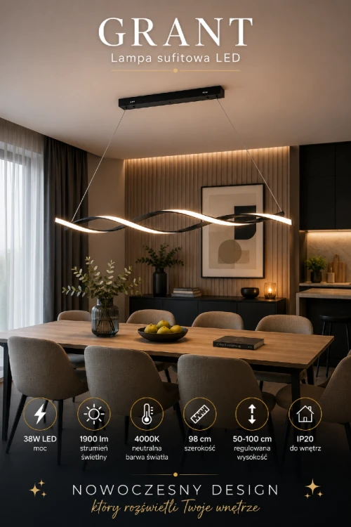 Nowoczesna lampa LED GRANT została wyposażona w energooszczędne źródło światła 38W generujące 1900 lumenów. Czarna matowa oprawa oraz falująca linia światła tworzą efektowną dekorację jadalni, kuchni lub salonu.