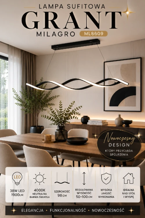 Lampa wisząca GRANT 38W LED to połączenie nowoczesnego wzornictwa i wydajnego oświetlenia. Regulowana wysokość od 50 do 100 cm pozwala dopasować ją do stołu, wyspy kuchennej oraz innych przestrzeni użytkowych.